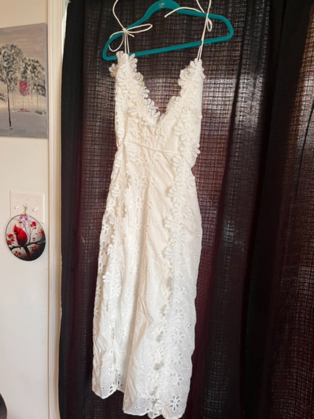 White Floral Eyelet Maxi Dress with V-Neck and Adjustable Straps